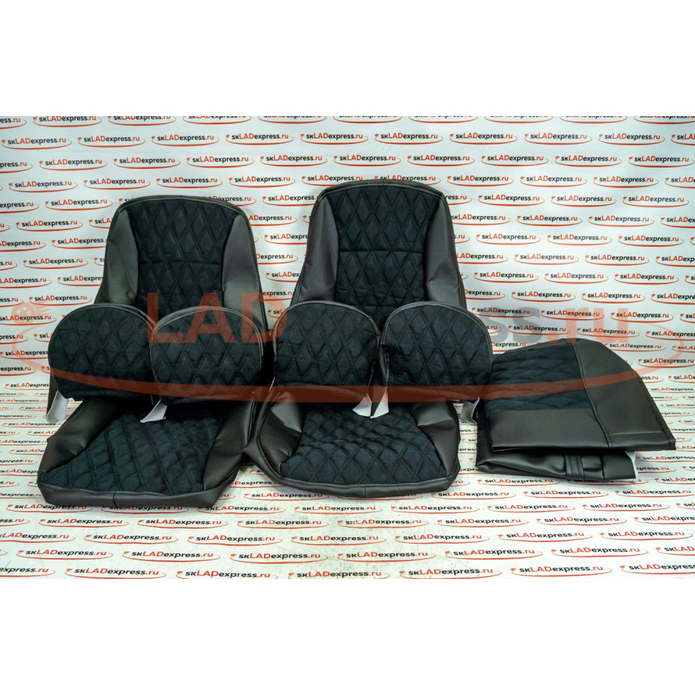 Обивка сидений (не чехлы) экокожа с алькантарой (цветная строчка Ромб/Квадрат) на ВАЗ 2108-21099, 2113-2115, 5-дверная Нива 2131