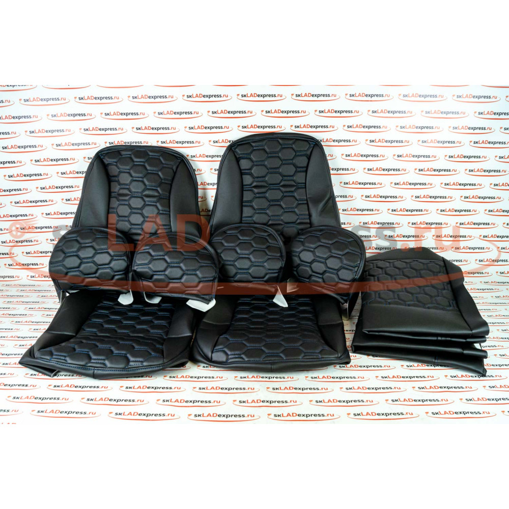 Обивка сидений (не чехлы) экокожа гладкая с цветной строчкой Соты на ВАЗ 2108-21099, 2113-2115, 5-дверная Нива 2131