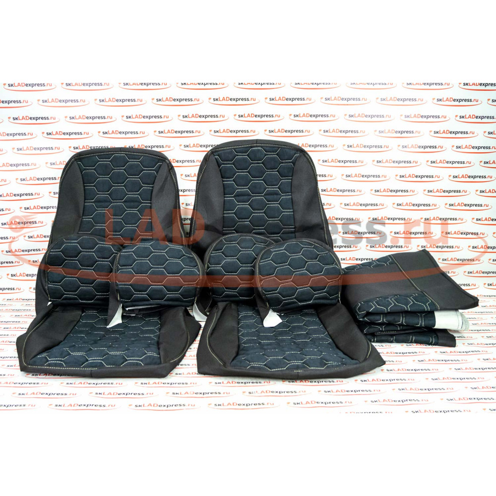 Обивка сидений (не чехлы) ткань с алькантарой (цветная строчка Соты) на ВАЗ 2108-21099, 2113-2115, 5-дверная Нива 2131