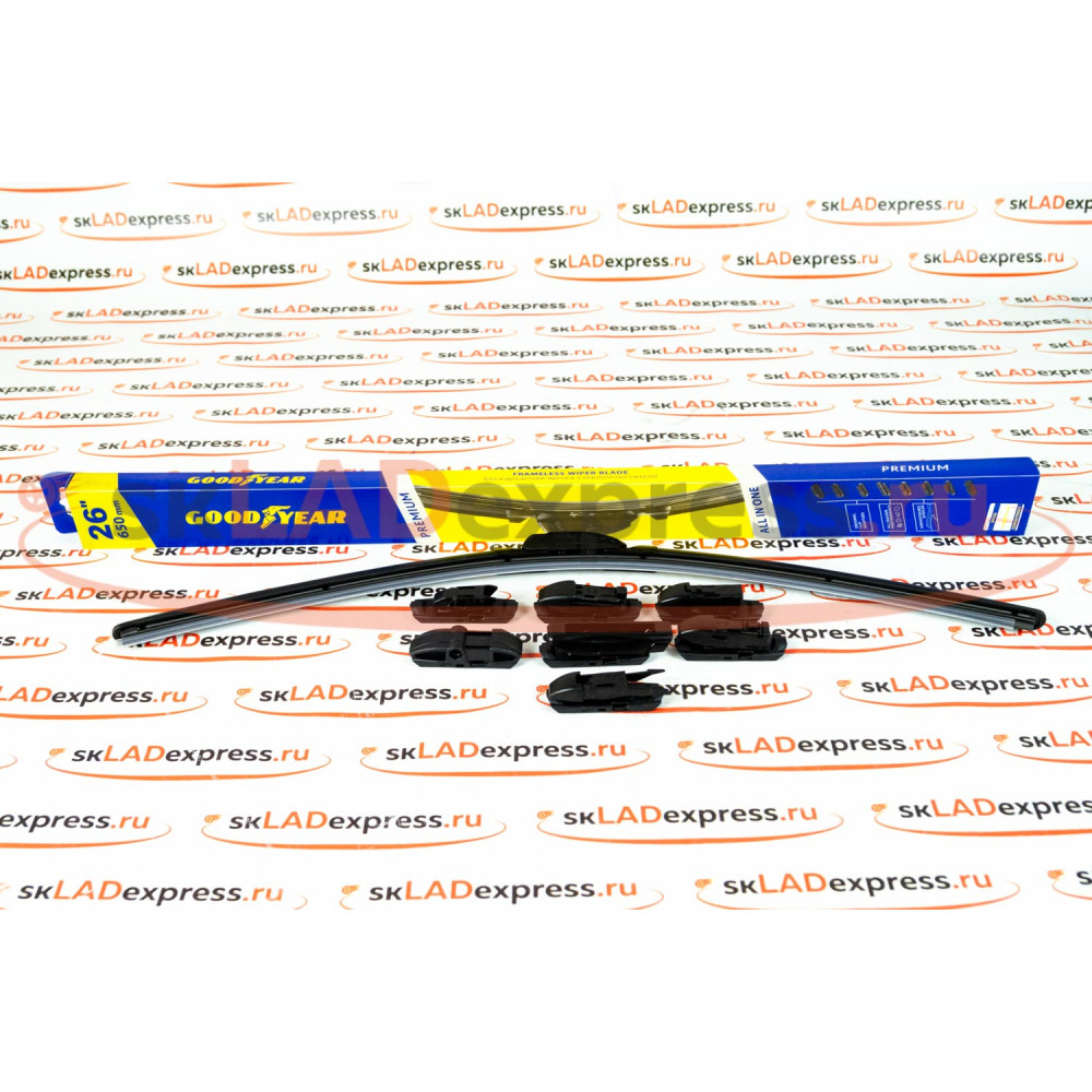 Бескаркасная щетка стеклоочистителя всесезонная Goodyear PREMIUM 26 дюймов / 65 см (8 адаптеров)