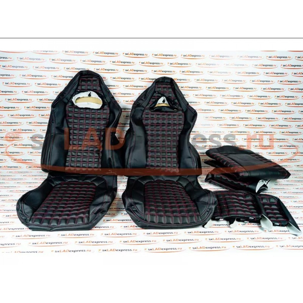 Обивка (не чехлы) сидений Recaro экокожа (центр с перфорацией) с цветной строчкой Ромб/Квадрат на ВАЗ 2108-21099, 2113-2115, 5-дверная Нива 2131