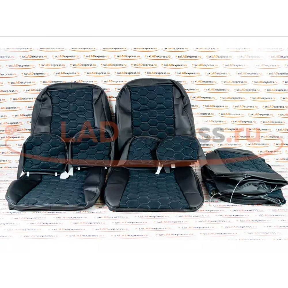 Обивка сидений (не чехлы) экокожа с алькантарой (цветная строчка Соты) на ВАЗ 2110