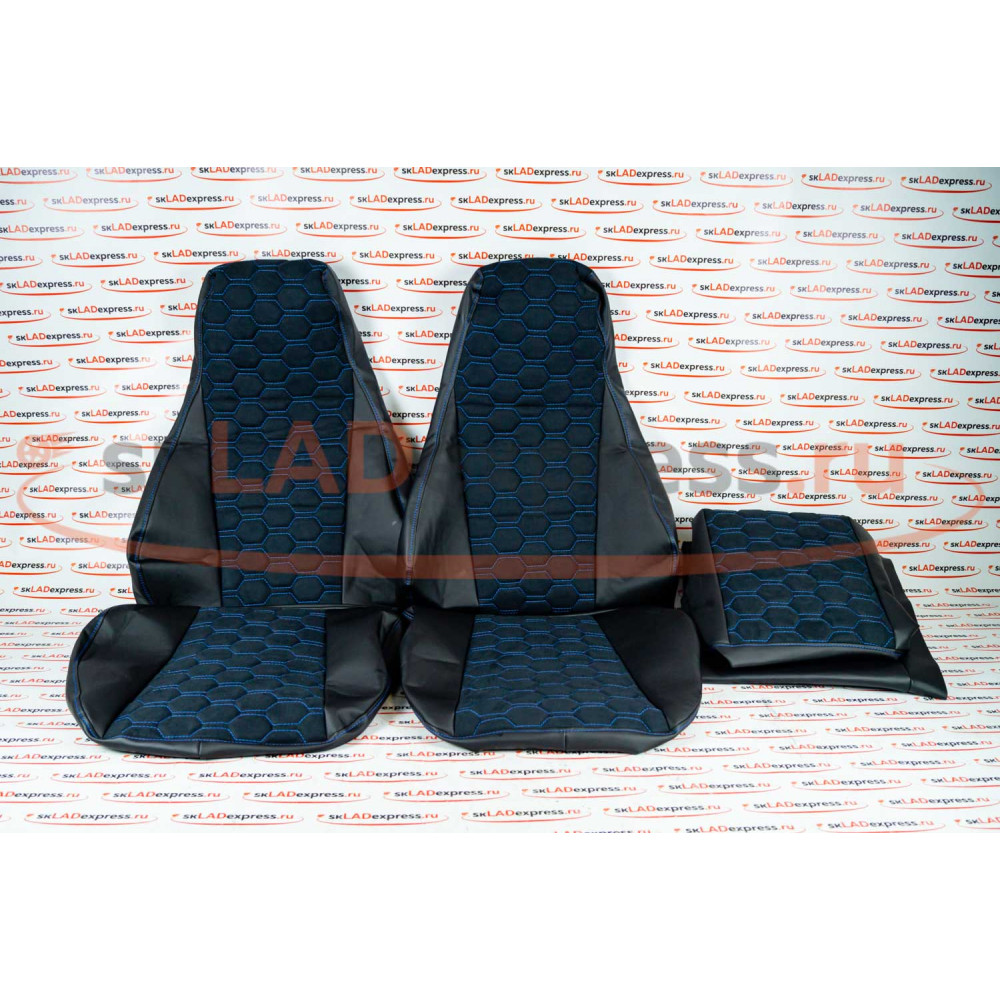 Обивка сидений (не чехлы) экокожа с алькантарой (цветная строчка Соты) на ВАЗ 2107