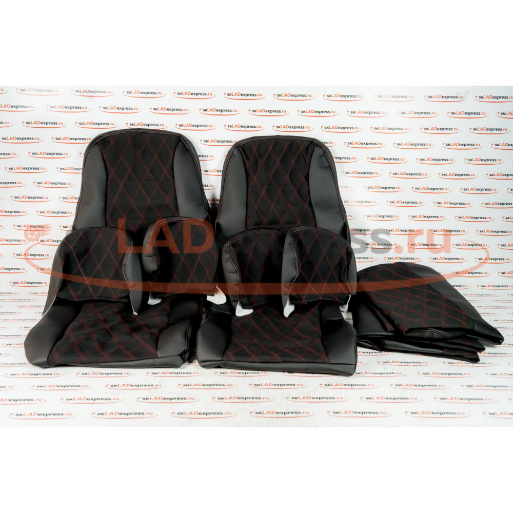 Обивка сидений (не чехлы) экокожа с тканью Полет (цветная строчка Ромб/Квадрат) на ВАЗ 2110