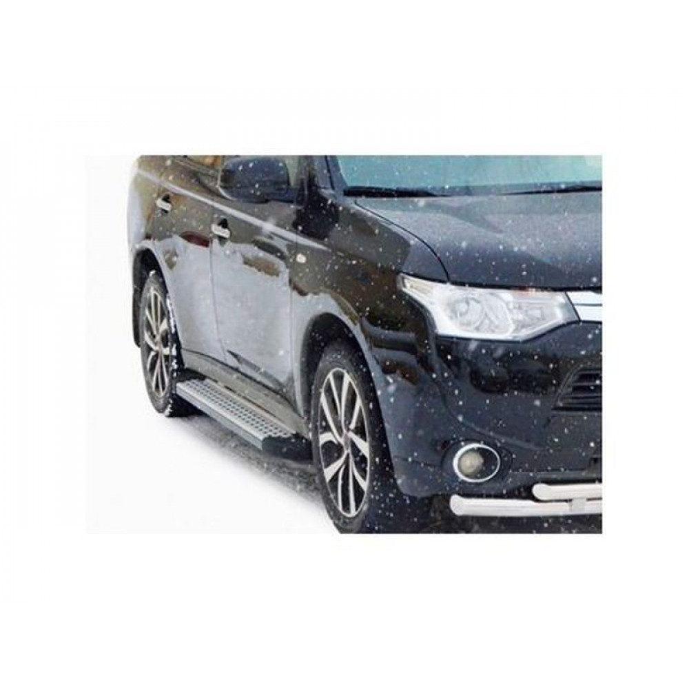 Защита порогов ТехноСфера Бумер алюминиевая с резинкой для Mitsubishi Outlander 2014-15 г.в